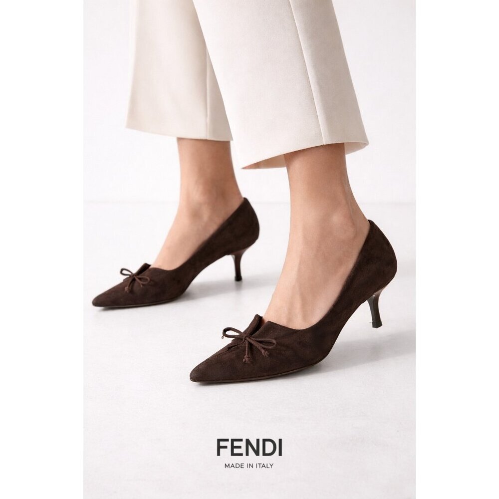 Fendi Brown Suede Pointed Toe Kitten Heel Pumps Bow Detail EU 40 US 9 Italy - Picture 11 of 11